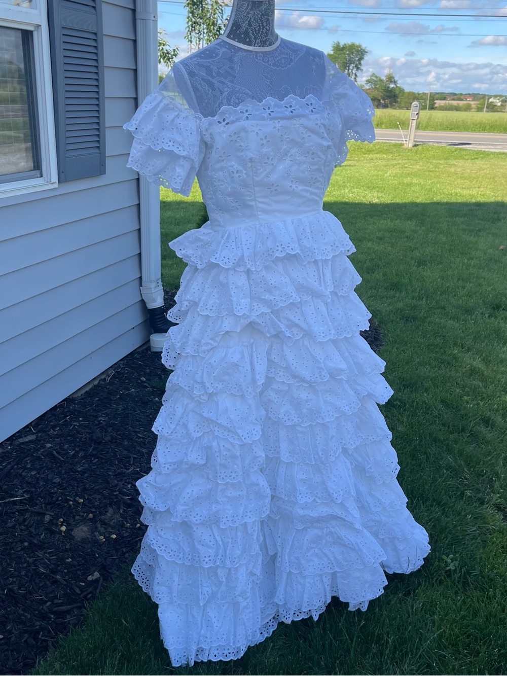 Vintage White Eyelet Ruffle Lace Gown